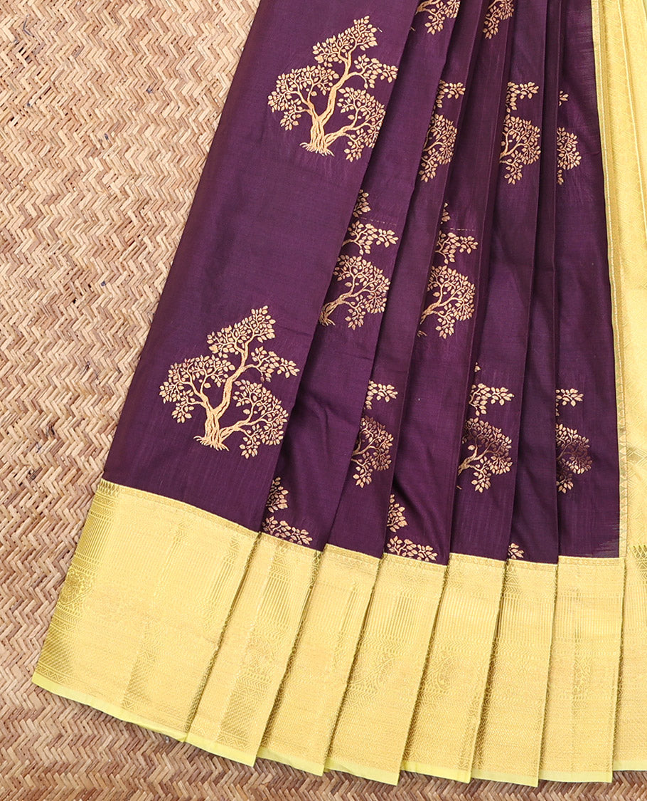 Purple Budget Silk Saree, Elevated with Tree Zari Buttas, Complemented by a Contrast Traditional Zari Border, Sparsely Threaded Pallu, and a Contrast Blouse
