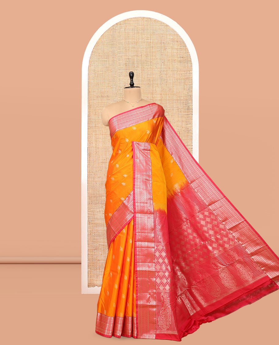 Orange Budget Silk Saree, Graced with Zari Buttas, Complemented by a Contrast Traditional Zari Border, Pallu of Jaal and Paisleys, and Contrast Blouse