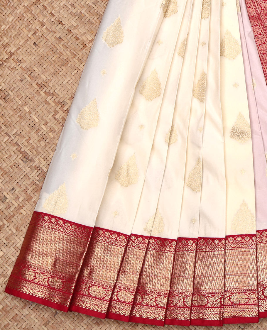 Cream Budget Silk Saree, Enthralled with Zari Buttas All Over Its Body, Complemented by Contrast Traditional Zari Design Border, Grand Pallu, and Paired with a Contrast Blouse