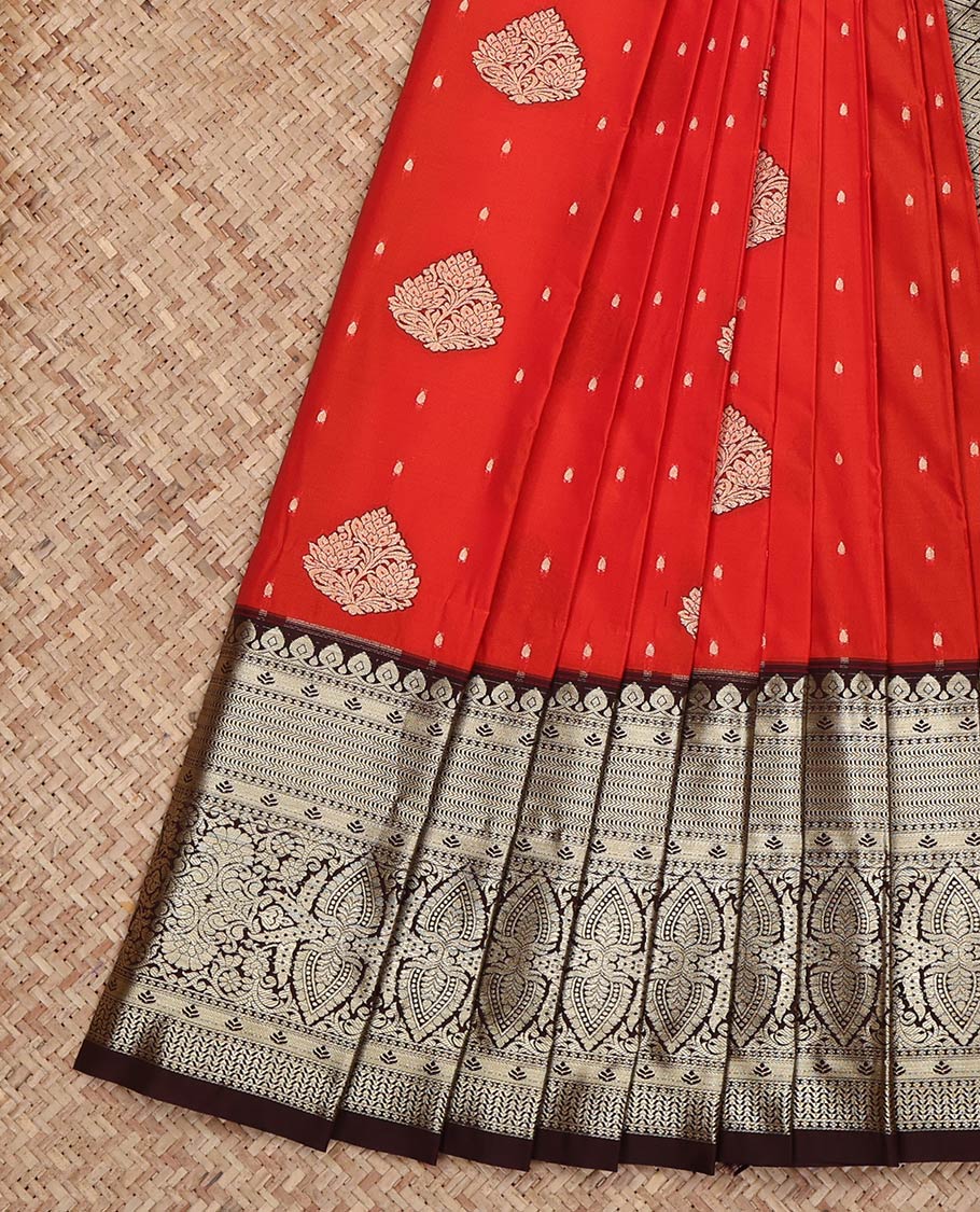 Red Budget Silk Saree, Elevated with Zari Butta on Its Body, Complemented by a Contrast Traditional Zari Design Border, Grand Jaal Pallu, and Paired with a Contrast Blouse