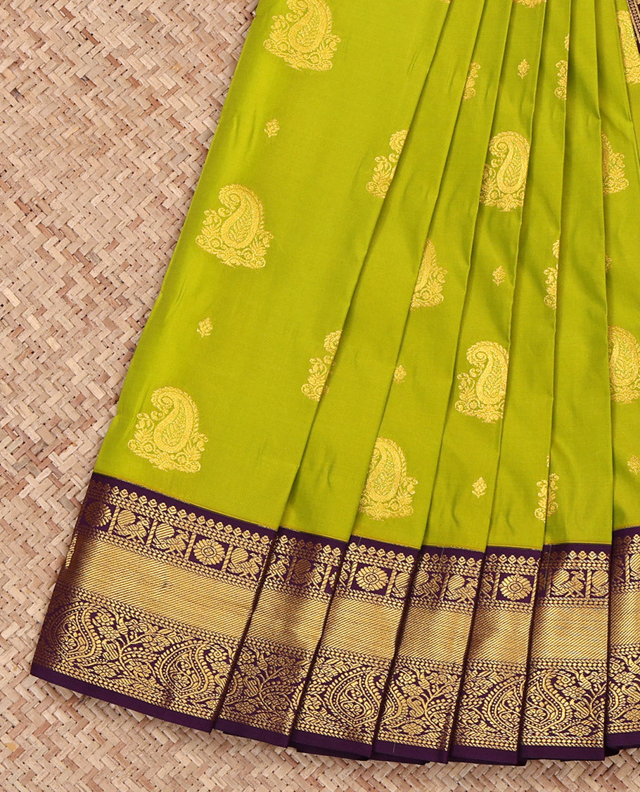 Green Budget Silk Saree, Embellished with Zari Buttas All Over Its Body, Complemented by a Contrast Traditional Zari Border of Peacock Designs, Pallu of Paisley Designs, and Paired with a Contrast Blouse