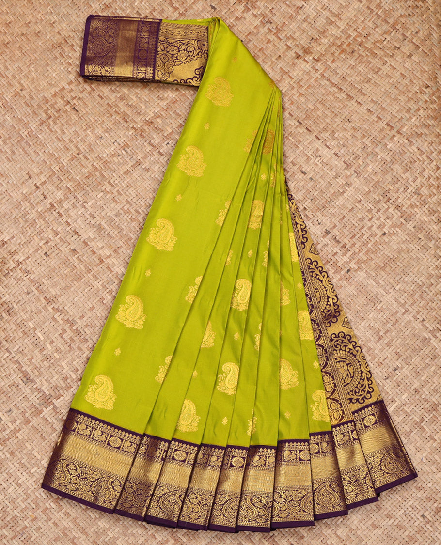 Green Budget Silk Saree, Embellished with Zari Buttas All Over Its Body, Complemented by a Contrast Traditional Zari Border of Peacock Designs, Pallu of Paisley Designs, and Paired with a Contrast Blouse
