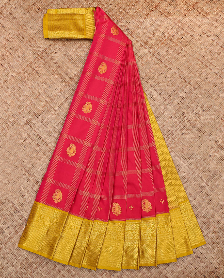 Red Budget Silk Saree, Woven with Zari Butta Enclosed Checks, Complemented by Contrast Traditional Zari Border, Grand Pallu and a Contrast Blouse