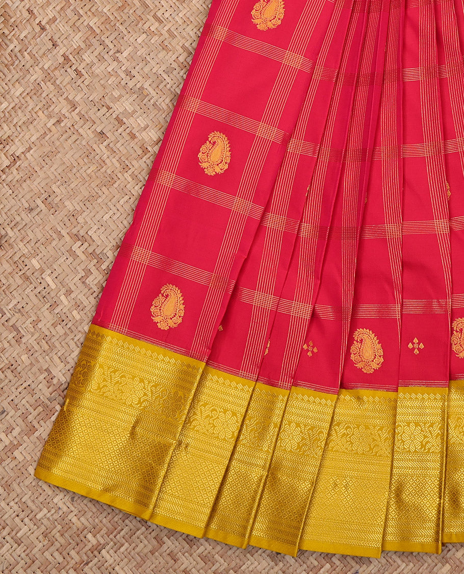 Red Budget Silk Saree, Woven with Zari Butta Enclosed Checks, Complemented by Contrast Traditional Zari Border, Grand Pallu and a Contrast Blouse