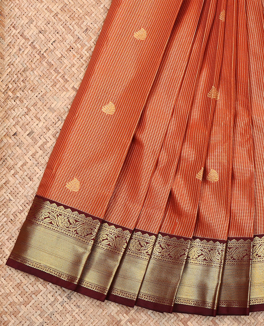 Dark Orange Budget Silk Saree, Finely Crafted with Zari Buttas and Micro-Checks, Contrast Traditional Zari Border, Geometric-Patterned Pallu, and a Contrast Blouse