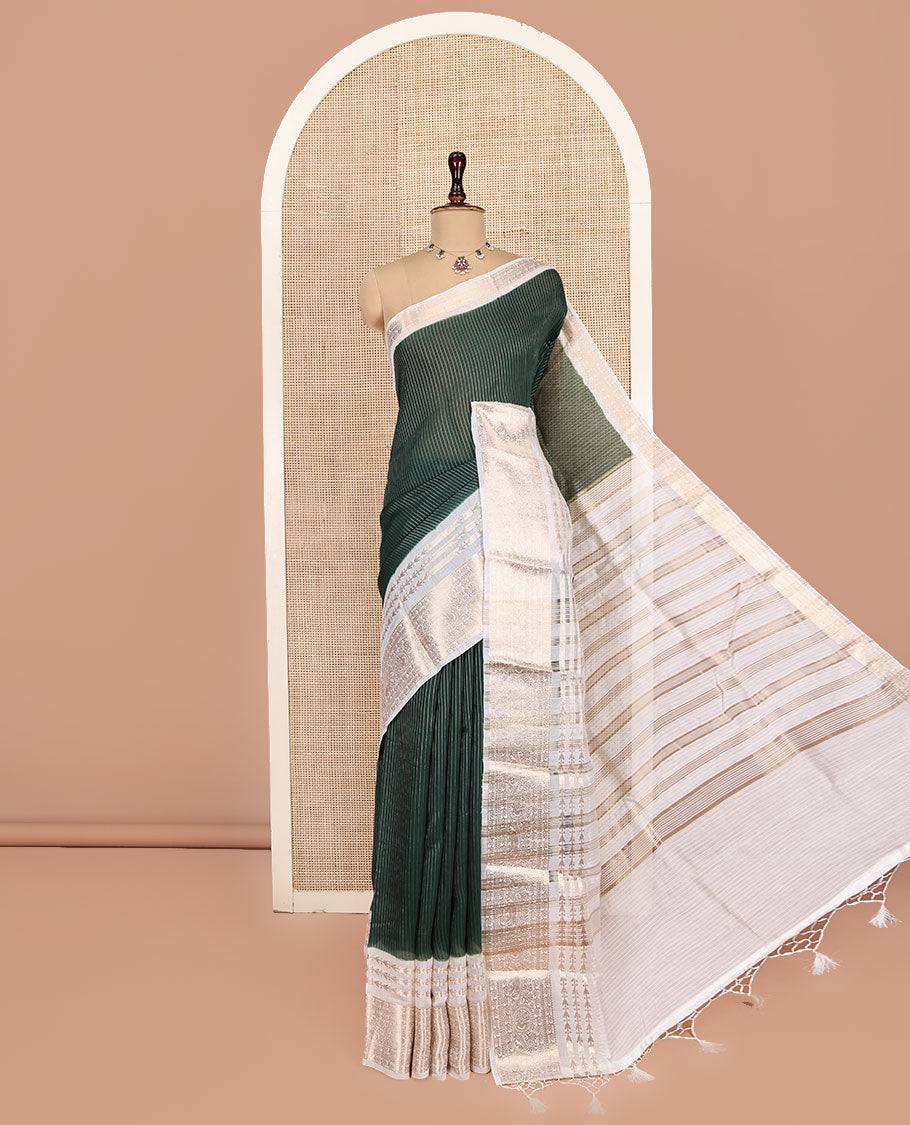 Green Assam Silk Saree, Beautifully Bedecked with Stripes, Contrast Traditional Zari Border, Zari-Striped Pallu, and a Contrast Blouse