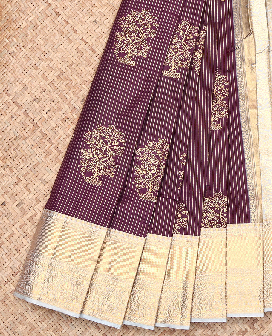 Maroon Budget Silk Saree, Adorned with Zari Buttas and Stripes, Contrast Traditional Zari Border, Jaal Pallu, and a Contrast Blouse