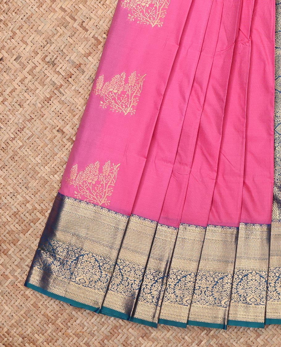 Pink Budget Silk Saree, Bedecked with Zari Buttas, Complemented by Contrast Traditional Zari Border, Grand Pallu and a Contrast Blouse