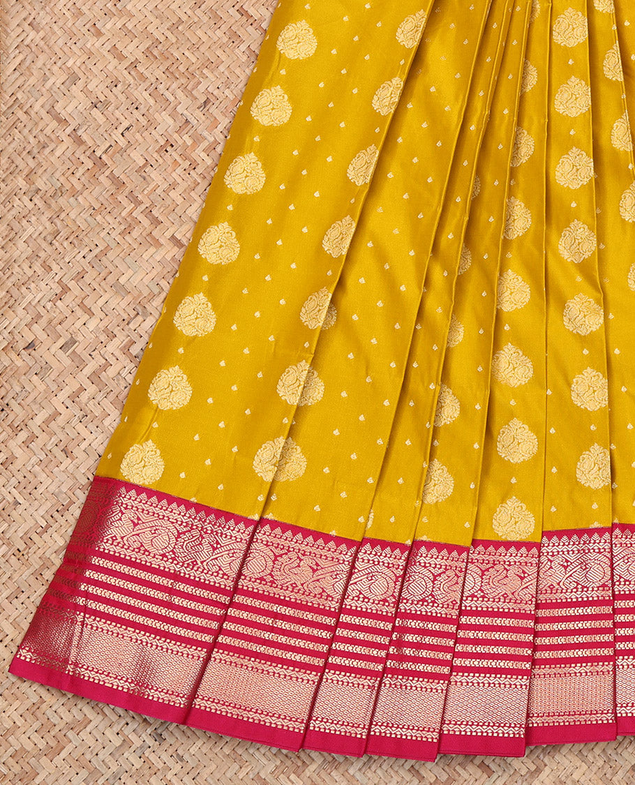 Yellow Budget Silk Saree, Sparsely Woven with Zari Buttas, Complemented by Contrast Traditional Zari Border, Jaal Pallu, and a Contrast Blouse