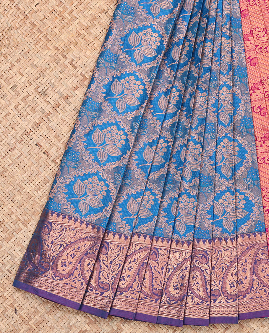 Blue Budget Silk Saree, Beautifully Bedecked with Jacquard Design, Complemented by Contrast Paisley Border, Grand Pallu and a Contrast Blouse