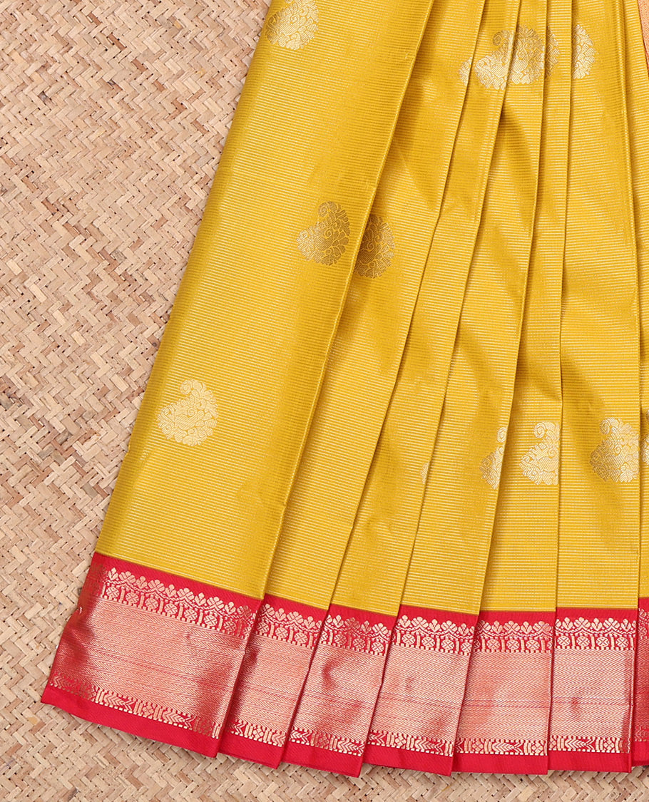 Yellow Budget Silk Saree, Accentuated with Zari Buttas and Stripes, Complemented by a Contrast Traditional Zari Border, Grand Pallu, and a Contrast Blouse