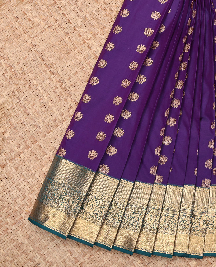 Violet Budget Silk Saree, Prettified with Zari Buttas, Complemented by a Contrast Traditional Zari Border, Grand Pallu, and Contrast Blouse