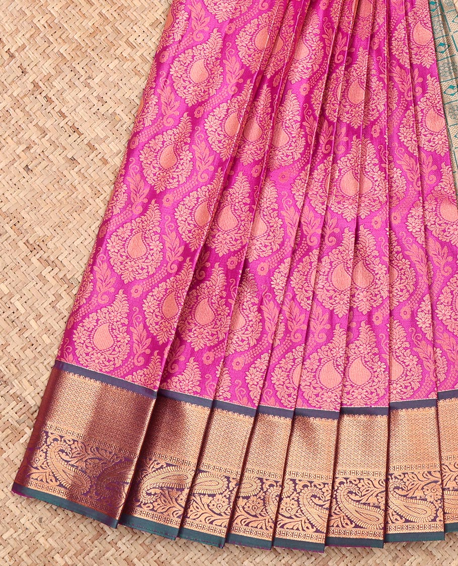 Pink Budget Silk Saree, Enthralled with Jacquard Design, Complemented by a Contrast Paisley Zari Border, Grand Pallu, and a Contrast Blouse