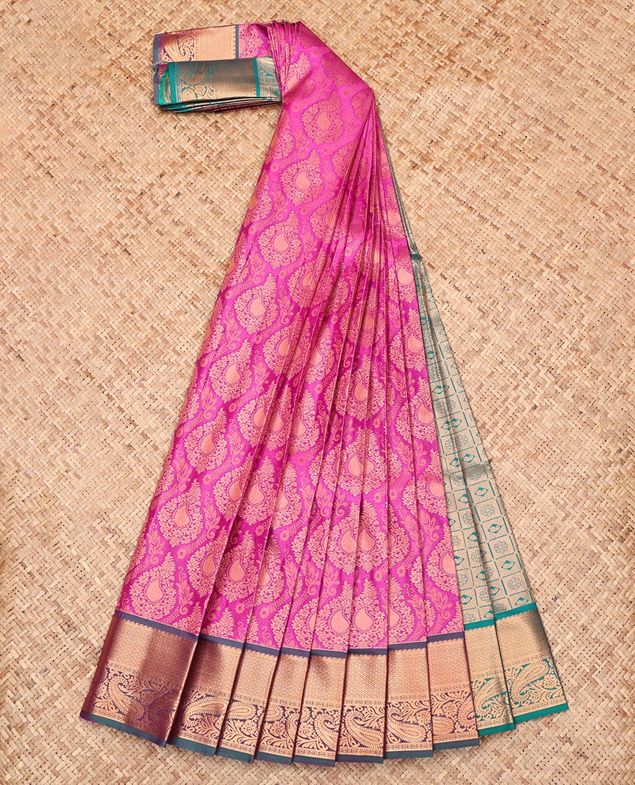 Pink Budget Silk Saree, Enthralled with Jacquard Design, Complemented by a Contrast Paisley Zari Border, Grand Pallu, and a Contrast Blouse