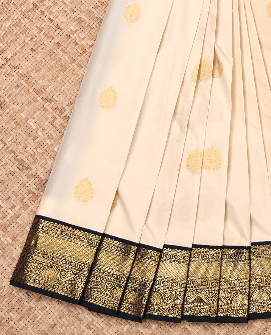 Off-White Budget Silk Saree, Sparsely Woven with Zari Buttas, Complemented by Contrast Traditional Zari Border, Intricate Pallu, and Contrast Blouse