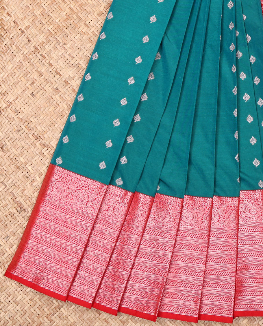 Teal Budget Silk Saree, Adorned with Zari Buttas, Complemented by a Contrast Traditional Zari Border, Grand Pallu, and a Contrast Blouse