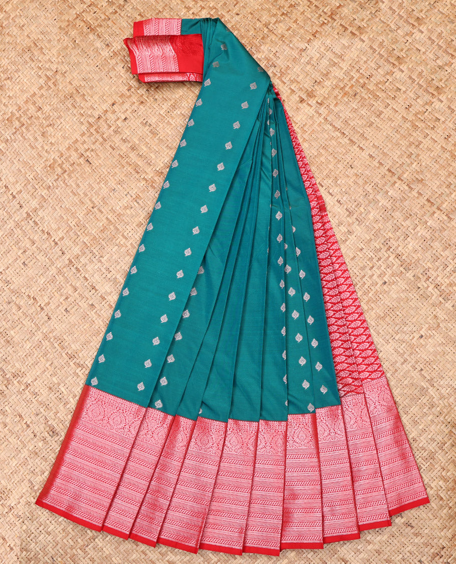 Teal Budget Silk Saree, Adorned with Zari Buttas, Complemented by a Contrast Traditional Zari Border, Grand Pallu, and a Contrast Blouse