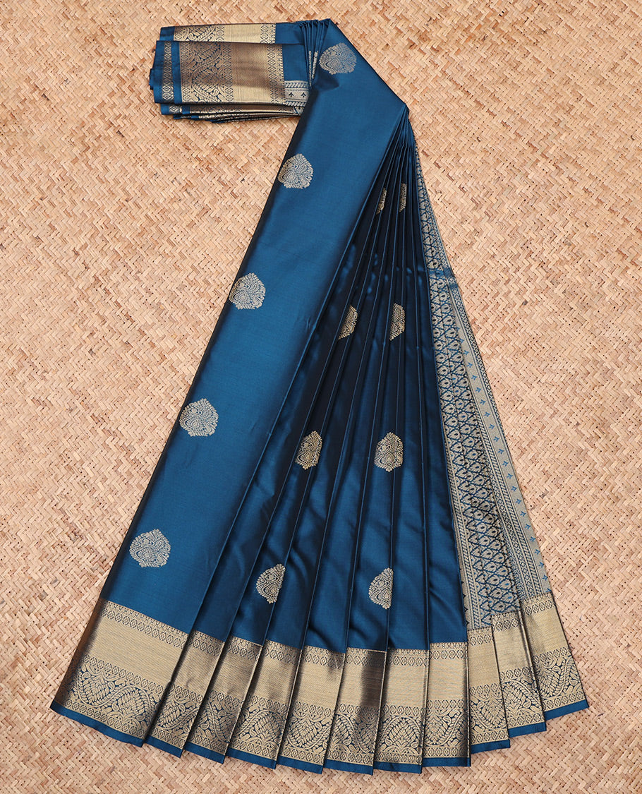 Peacock Blue Budget Silk Saree, Delicately Woven with Zari Buttas, Highlighted by a Traditional Zari Border, Jaal Pallu, and Matching Blouse