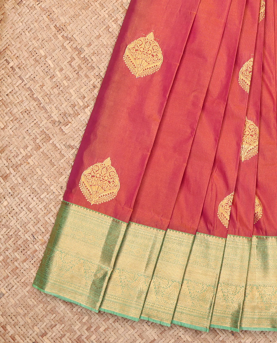 Orange Budget Silk Saree, Detailed with Zari Buttas, Complemented by a Contrast Traditional Zari Border, Grand Pallu, and a Contrast Blouse