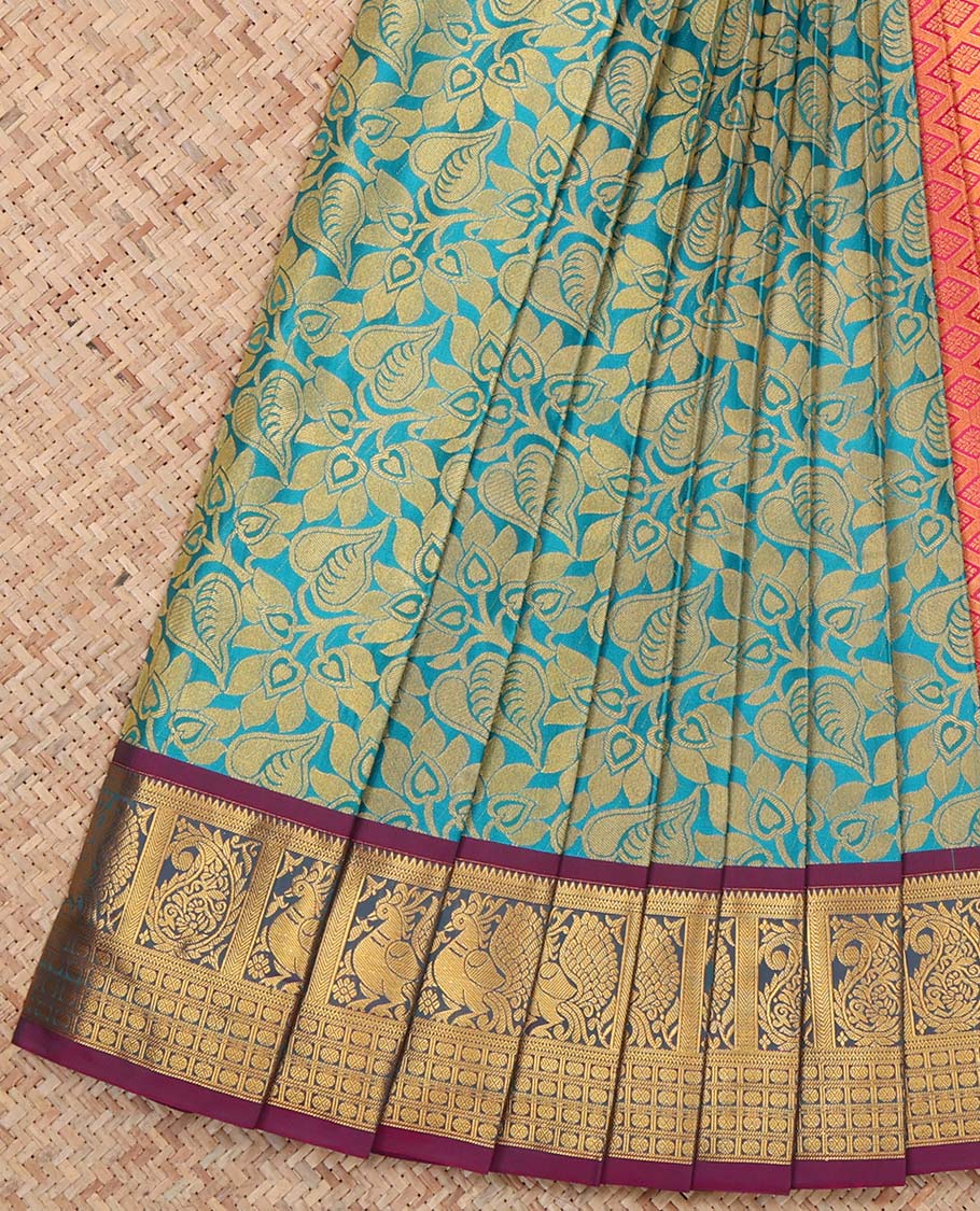 Blue Budget Silk Saree, Delicately Woven Floral Vine Design, Complemented by Contrast Traditional Peacock and Paisley Zari Border, a Jaal Pallu and a Contrast Blouse