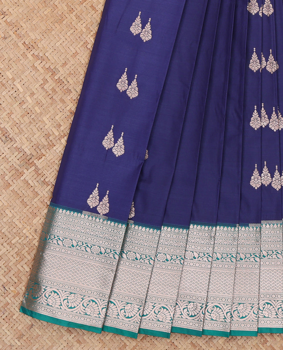 Navy Budget Silk Saree, Ornamented with Zari Buttas and Checks, Complemented by a Contrast Traditional Zari Border, Intricate Pallu, and a Contrast Blouse