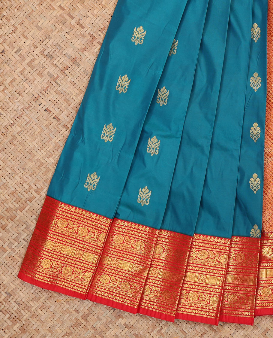 Blue Budget Silk Saree, Enthralled with Zari Buttas, Complemented by Contrast Traditional Zari Border, a Jaal Pallu and a Contrast Blouse