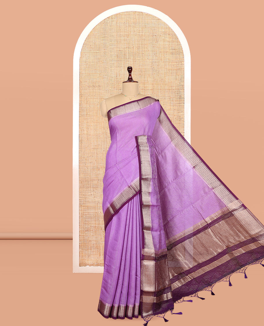 Lavender Assam Silk Saree, Enthralled with Zari Stripes, Complemented by a Contrast Jaal Zari Design Border, Zari Woven Pallu, and Contrast Blouse