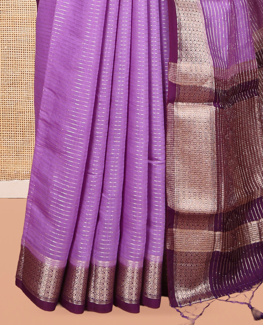 Lavender Assam Silk Saree, Enthralled with Zari Stripes, Complemented by a Contrast Jaal Zari Design Border, Zari Woven Pallu, and Contrast Blouse