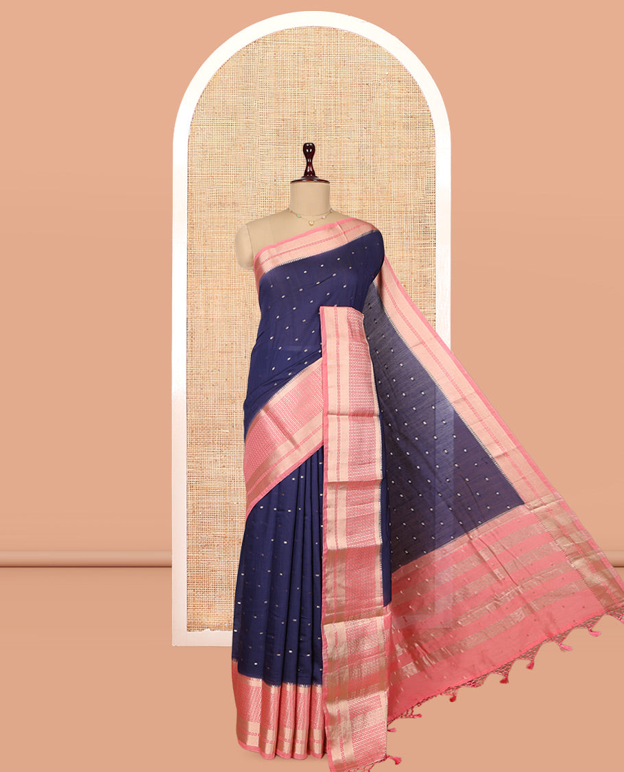 Navy Blue Assam Silk Saree, Spotlighted with Zari Buttas, Complemented by Contrast Zari Border, Zari Woven Pallu, and Contrast Blouse