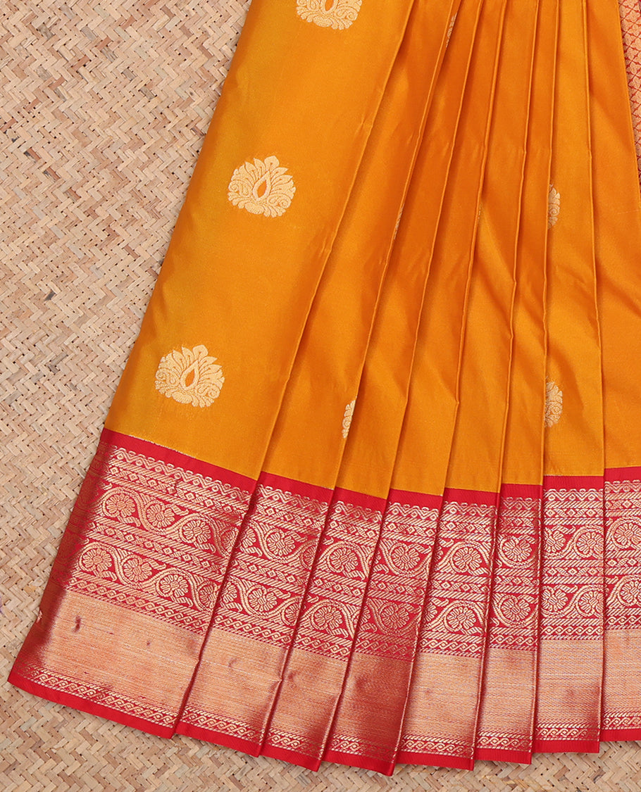 Orange Budget Silk Saree, Mesmerized with Zari Buttas, Complemented by a Contrast Traditional Zari Border, Grand Jaal Pallu, and Contrast Blouse