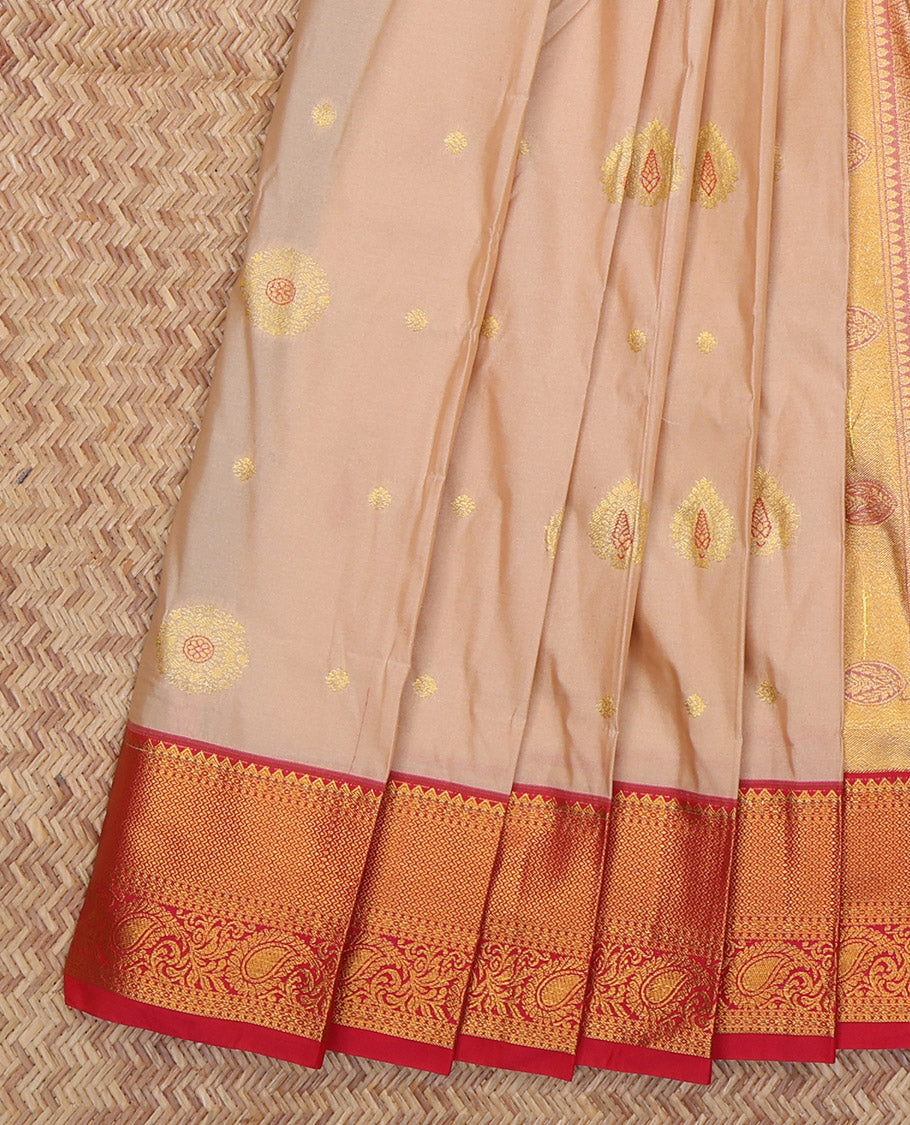 Sandal Budget Silk Saree, Featuring Zari Buttas, Complemented by a Contrast Traditional Zari Border, Grand Jaal Pallu, and Contrast Blouse