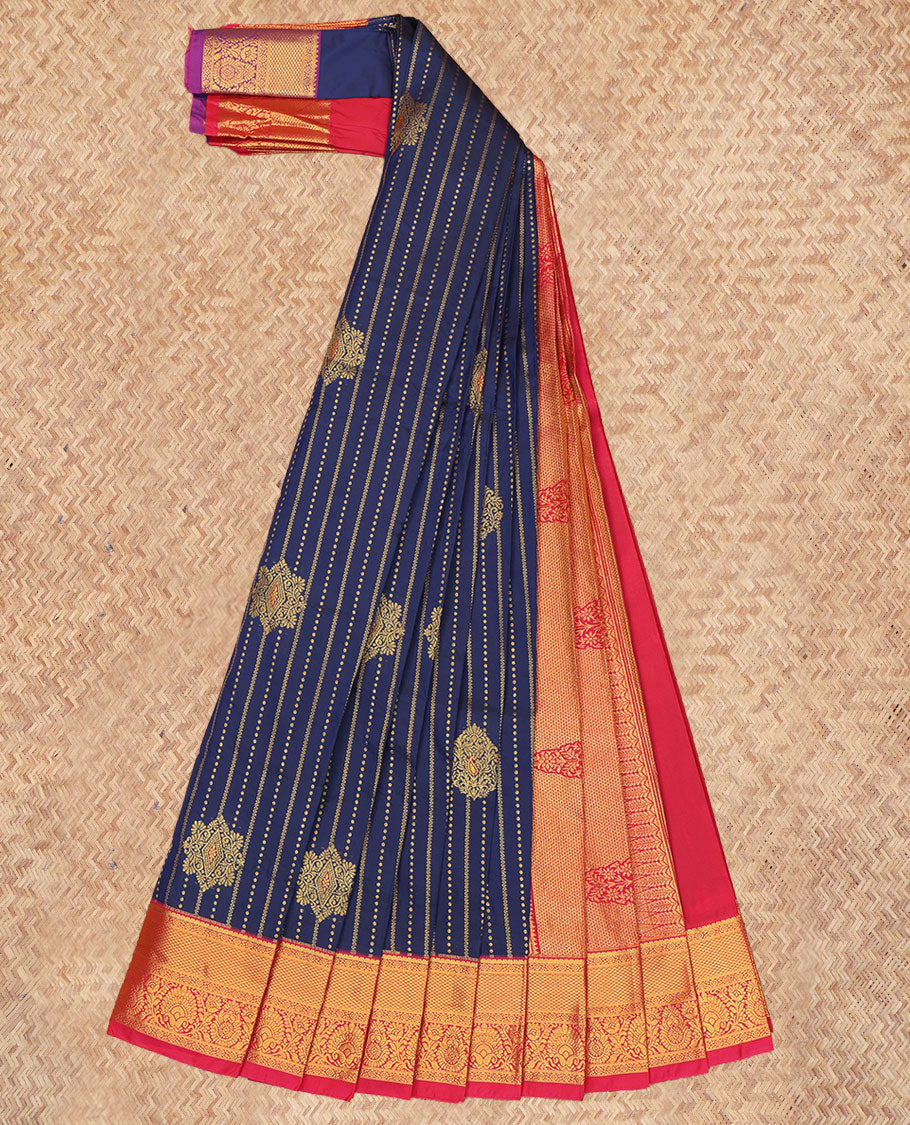 Navy Blue Budget Silk Saree, Graced with Zari Buttas and Stripes, a Contrast Traditional Zari Border, Grand Pallu, and a Contrast Blouse
