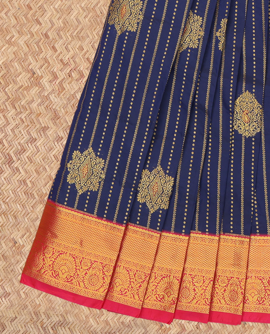 Navy Blue Budget Silk Saree, Graced with Zari Buttas and Stripes, a Contrast Traditional Zari Border, Grand Pallu, and a Contrast Blouse