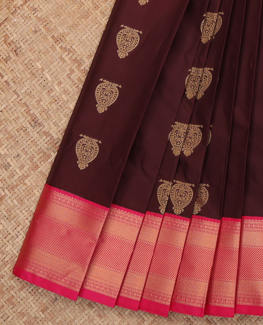 Maroon Budget Silk Saree, Spotlighted with Zari Buttas, a Contrast Traditional Zari Border, Grand Pallu, and a Contrast Blouse