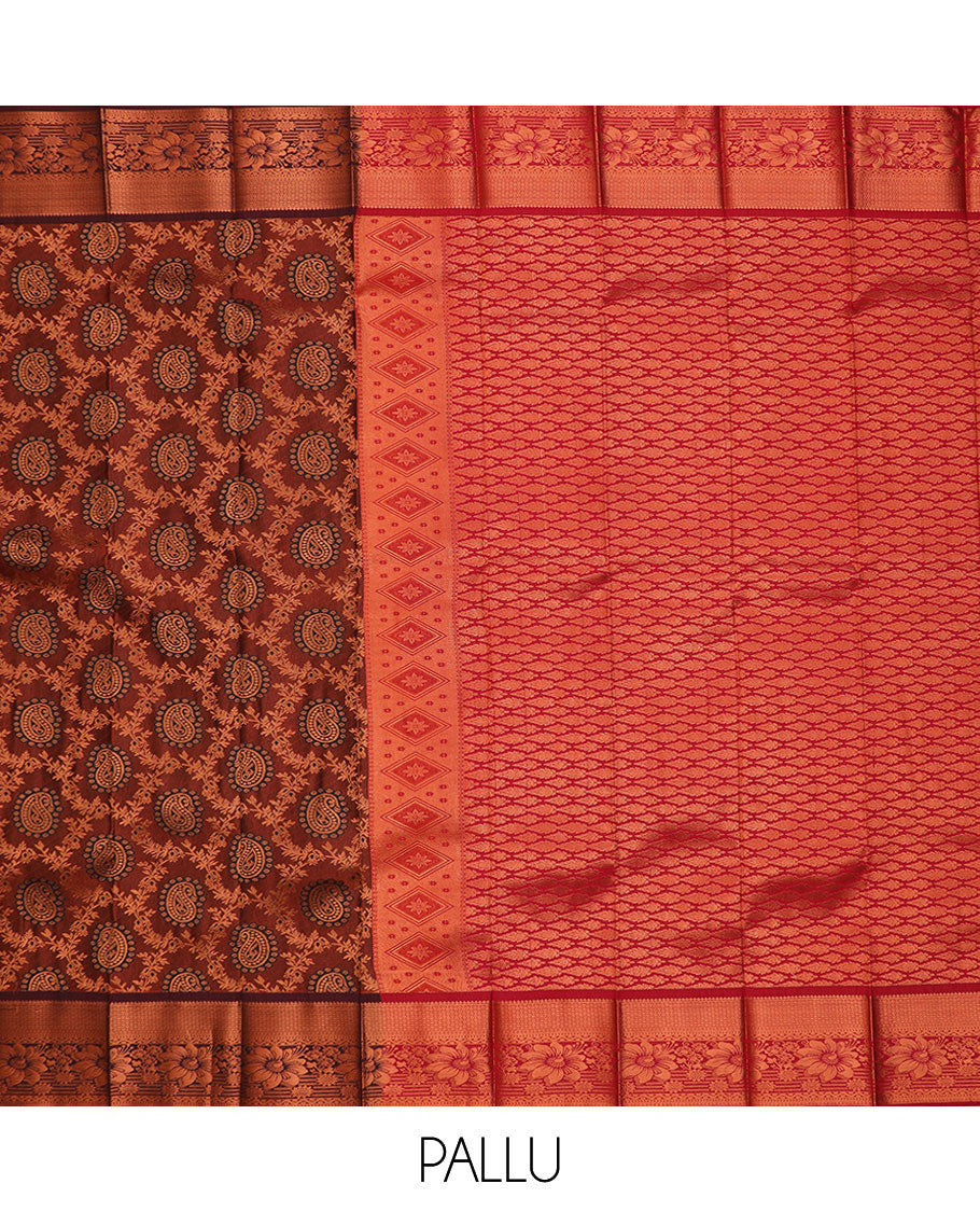 Brown jacquard gift saree, traditional zari design border, and pallu of jaal designs