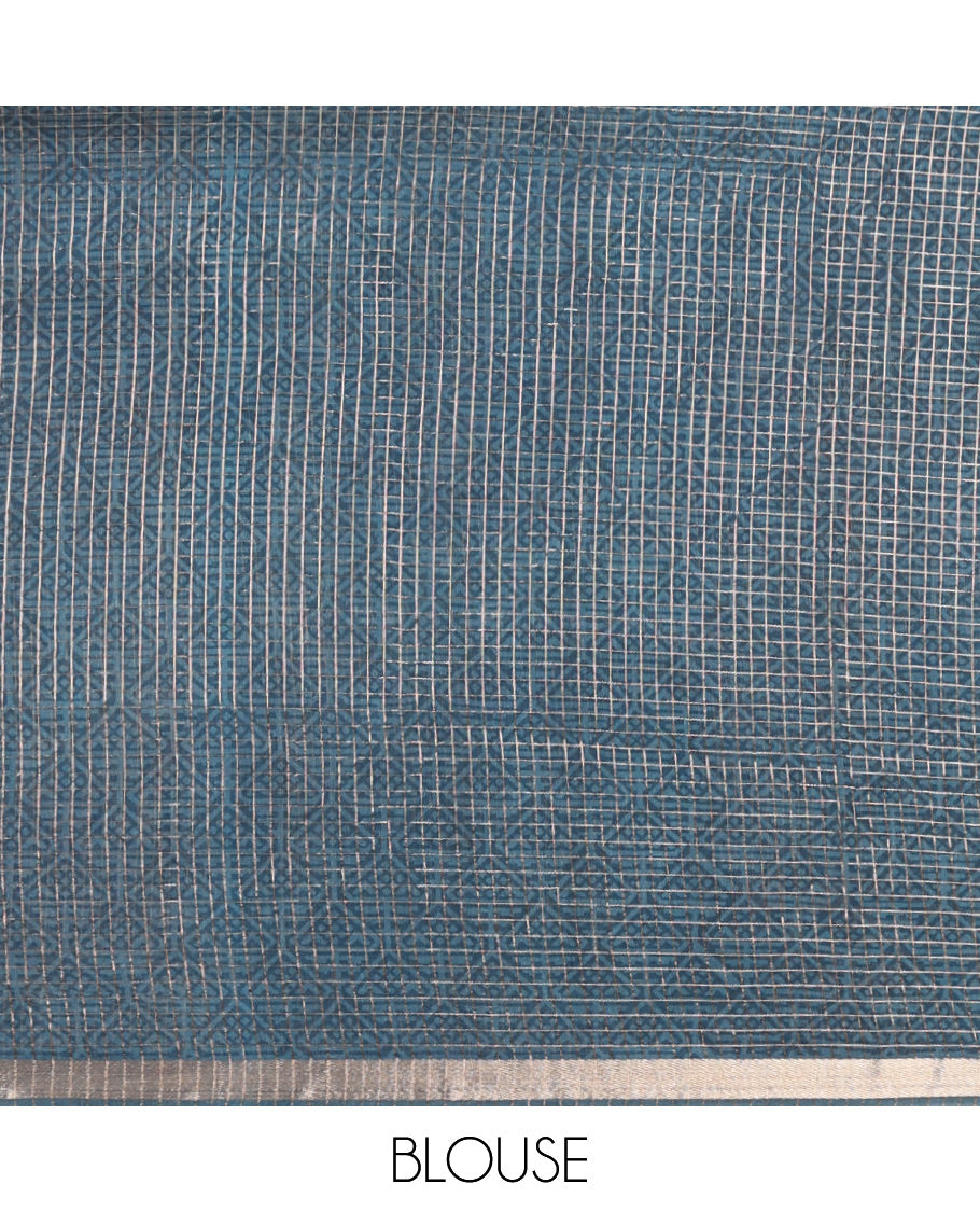 Blue Assam Silk Saree Graced with Micro-Checks and Floral Prints, Featuring a Simple Piping Border, Zari-Enriched Pallu, Paired with a Matching Blouse
