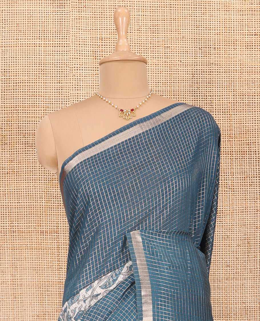 Blue Assam Silk Saree Graced with Micro-Checks and Floral Prints, Featuring a Simple Piping Border, Zari-Enriched Pallu, Paired with a Matching Blouse