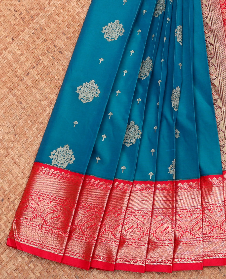 Blue Budget Silk Saree, Detailed with Zari Buttas, Complemented by a Contrast Traditional Zari Border, Grand Pallu, and Contrast Blouse