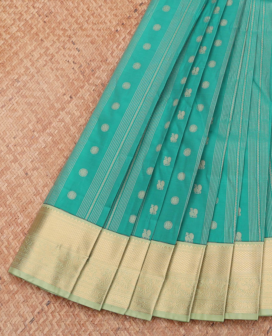 Green Budget Silk Saree, Decorated with Peacock-Chakram Buttas and Stripes, Complemented by a Contrast Traditional Zari Border, Grand Pallu, and a Contrast Blouse