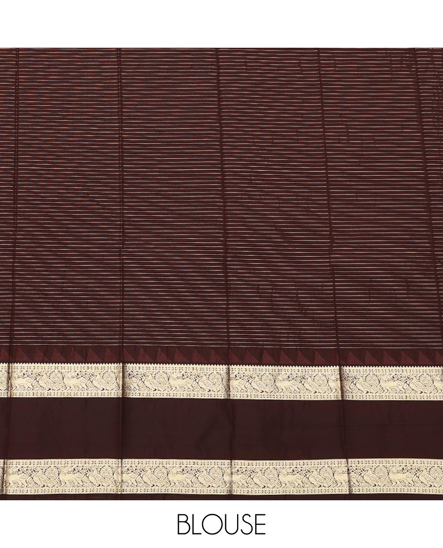 Red buttas and checked gift saree, contrast temple rettai pettu border of traditional zari designs, and zari-rich pallu