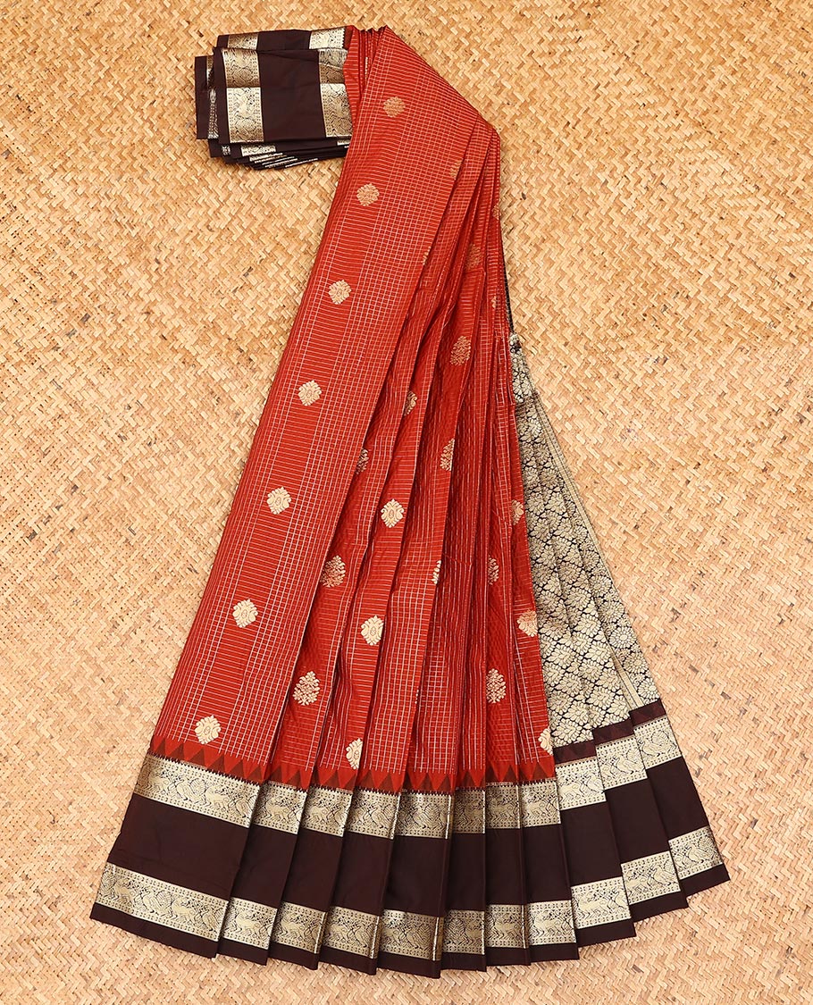 Red buttas and checked gift saree, contrast temple rettai pettu border of traditional zari designs, and zari-rich pallu