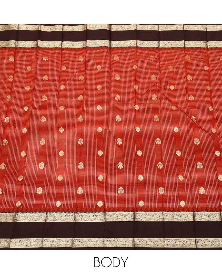 Red buttas and checked gift saree, contrast temple rettai pettu border of traditional zari designs, and zari-rich pallu