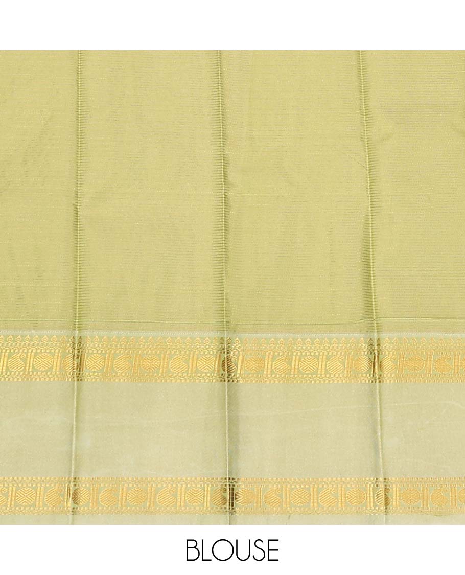 Yellow zari buttas and striped gift saree, contrast traditional zari design rettai pettu border, and jaal pallu
