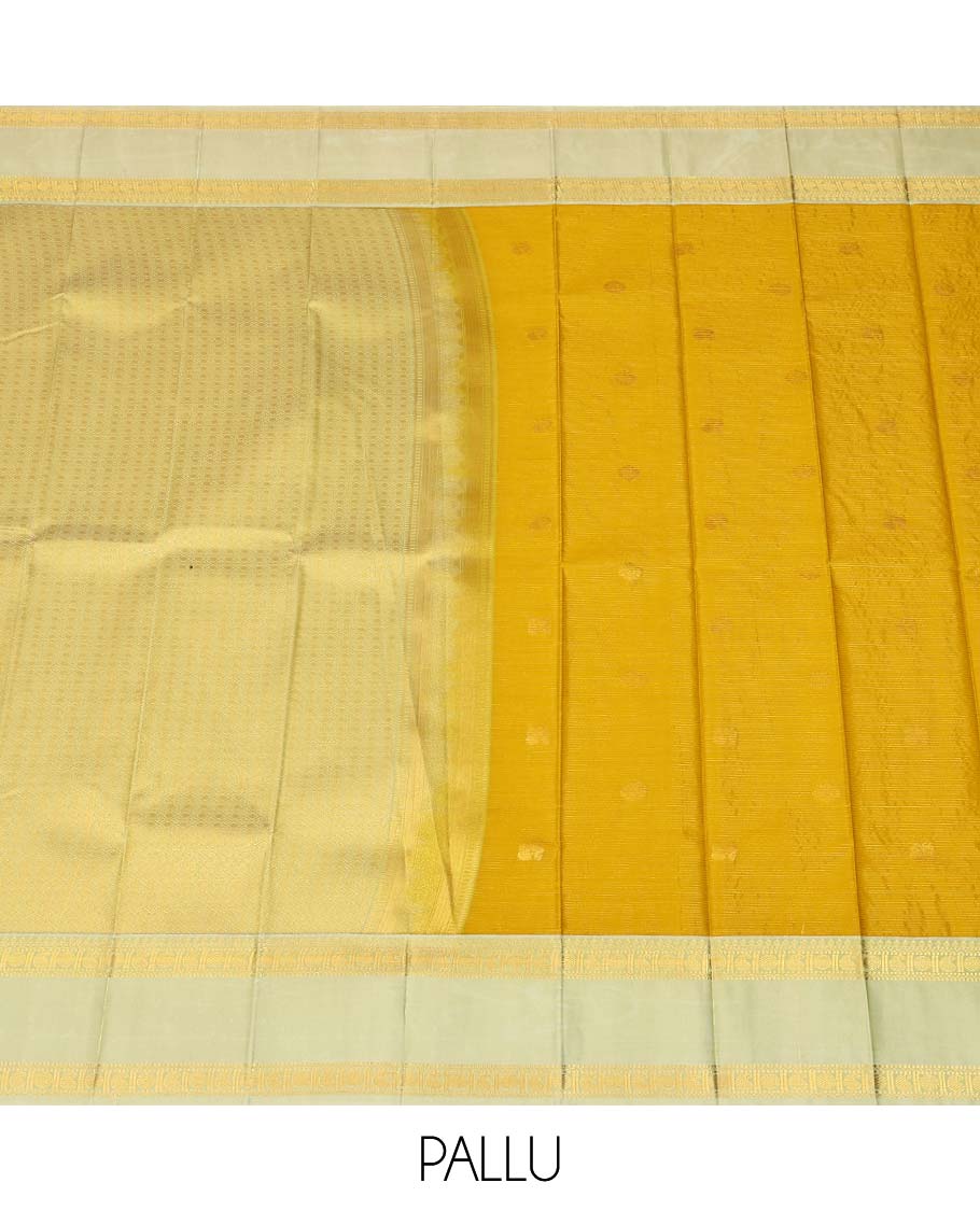 Yellow zari buttas and striped gift saree, contrast traditional zari design rettai pettu border, and jaal pallu