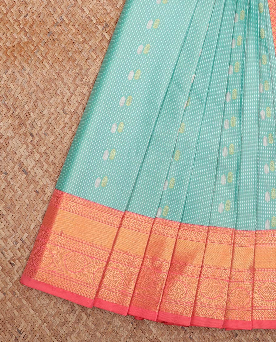 Light Turquoise Budget Silk Saree, Sparsely Woven with Zari Buttas All Over Its Body, Complemented by a Contrast Traditional Zari Border of Floral Creeper Designs, Grand Jaal Pallu, and Paired with a Contrast Blouse