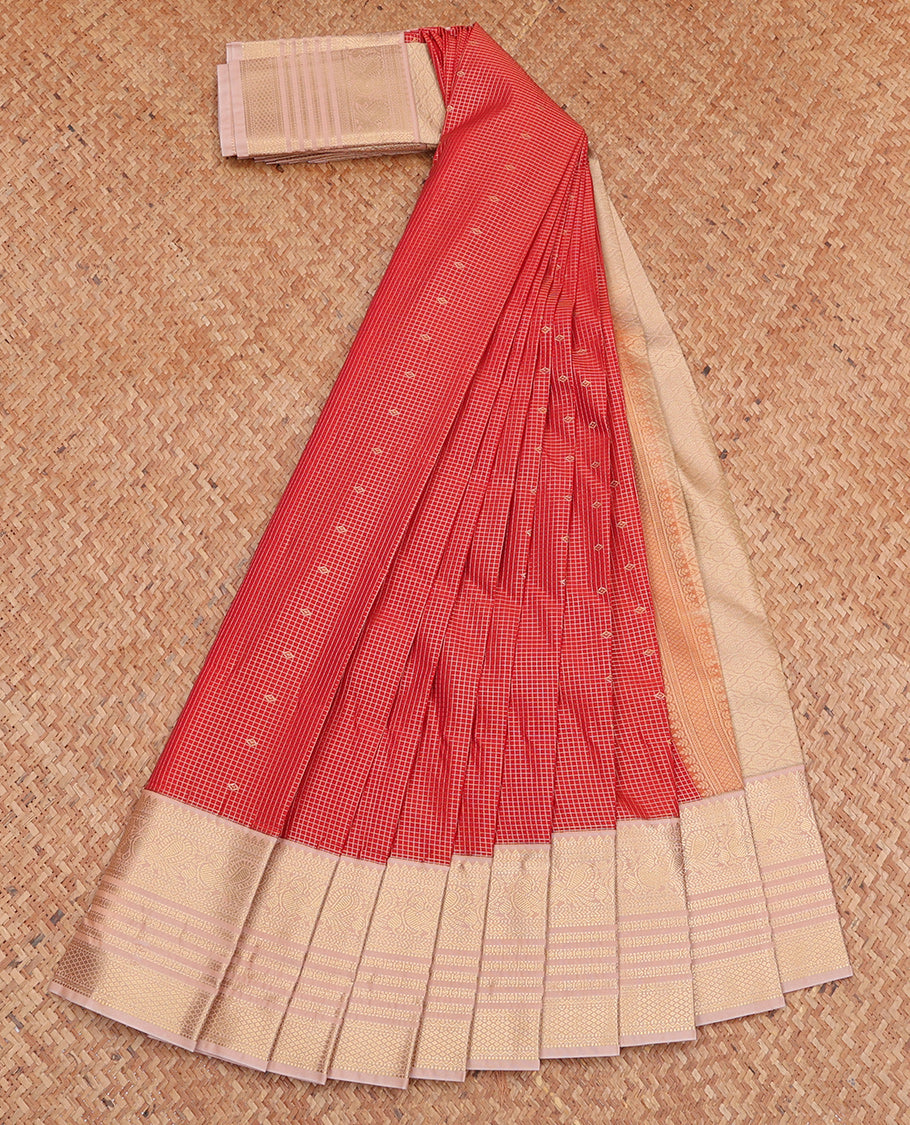 Red Budget Silk Saree, Gleamed Up with Zari Buttas and Checks, Complemented by Contrast Traditional Zari Border, Jaal Pallu, and a Contrast Blouse
