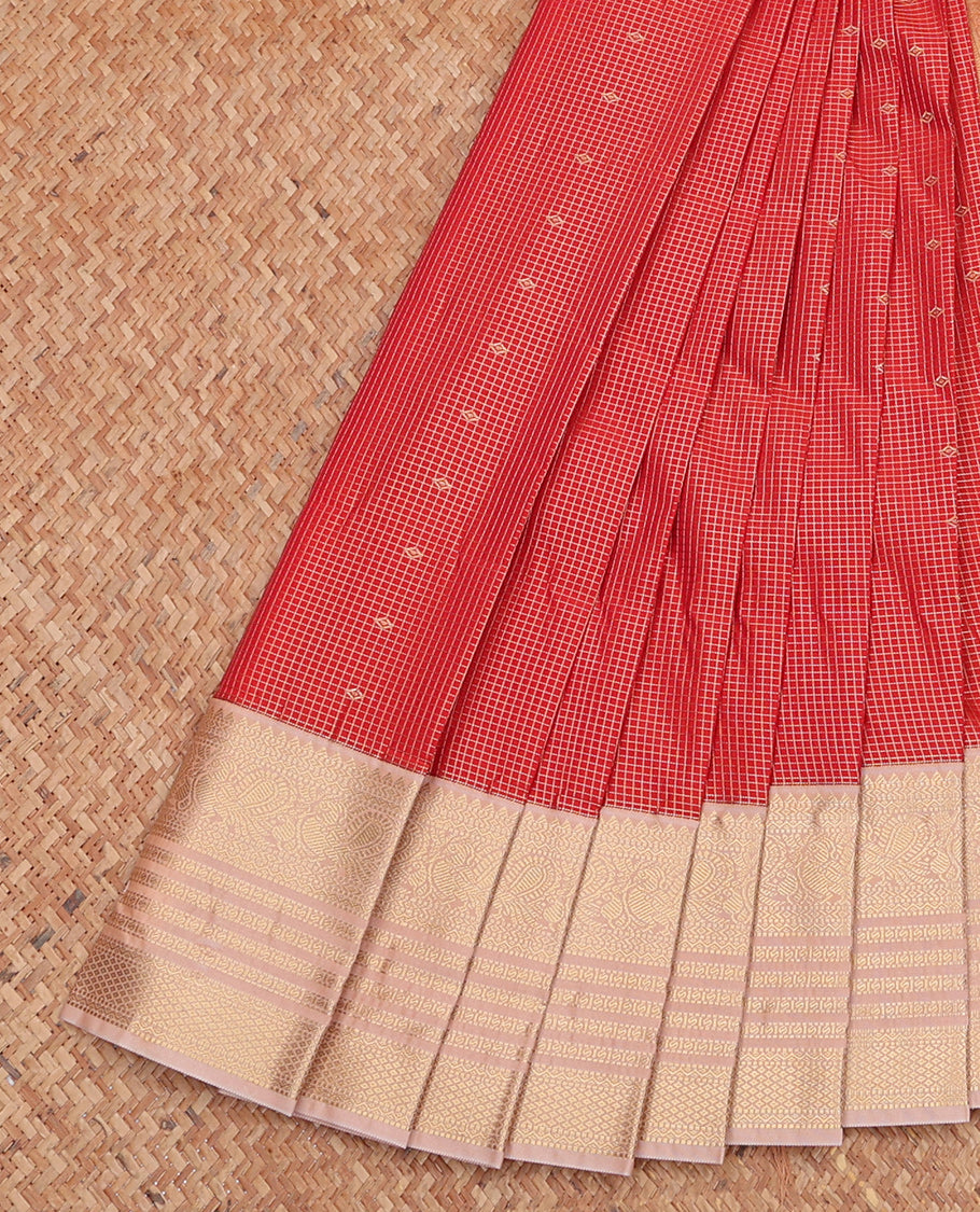 Red Budget Silk Saree, Gleamed Up with Zari Buttas and Checks, Complemented by Contrast Traditional Zari Border, Jaal Pallu, and a Contrast Blouse