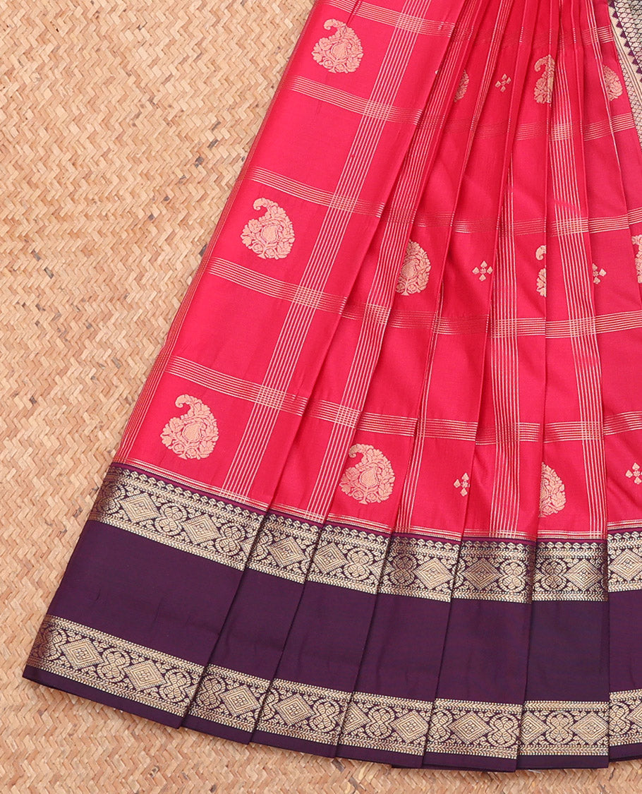 Red Budget Silk Saree, Detailed with Zari Butta Enclosed Checks, Complemented by a Contrast Traditional Zari Rettai Pettu Border, Grand Pallu, and a Contrast Blouse