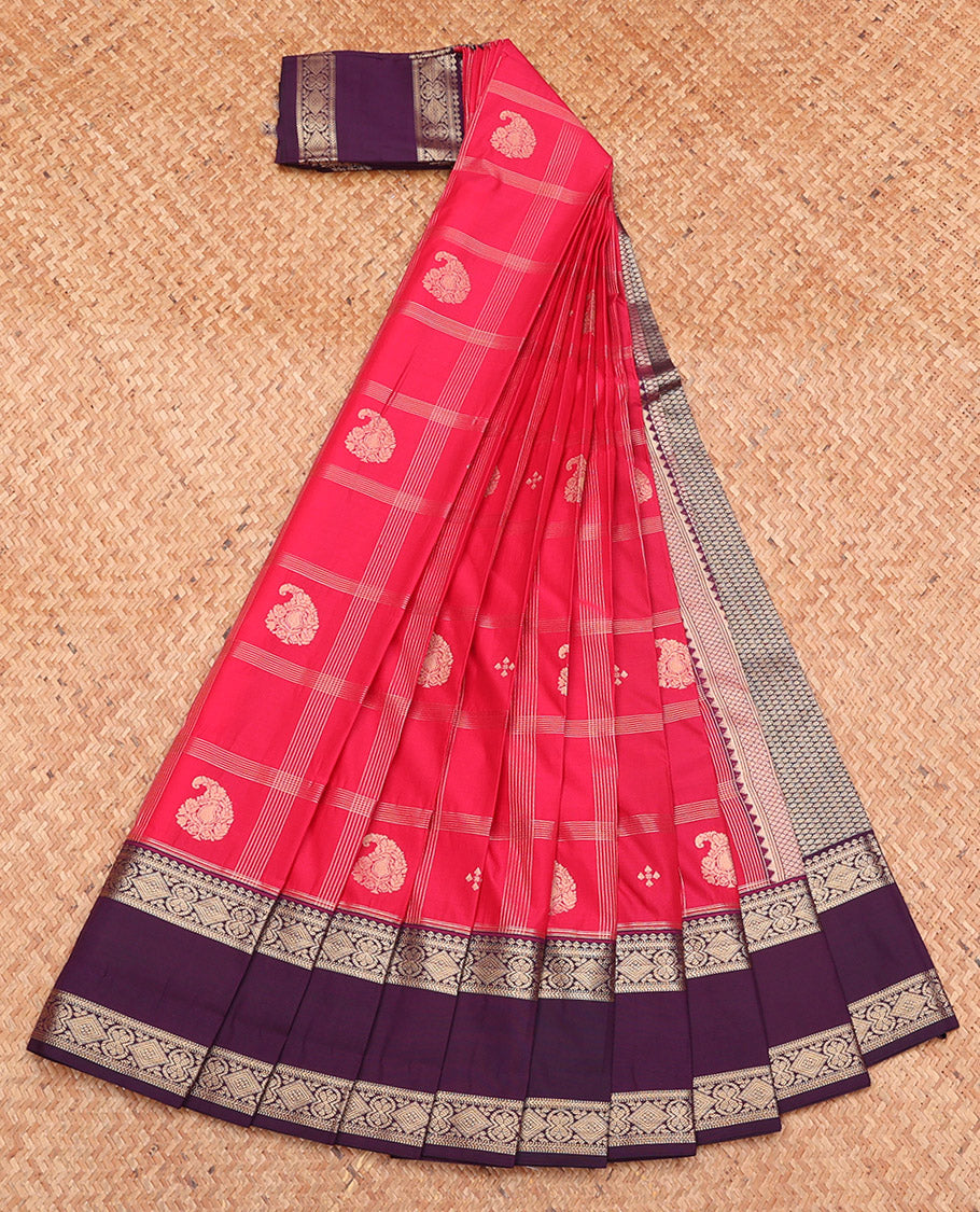 Red Budget Silk Saree, Detailed with Zari Butta Enclosed Checks, Complemented by a Contrast Traditional Zari Rettai Pettu Border, Grand Pallu, and a Contrast Blouse