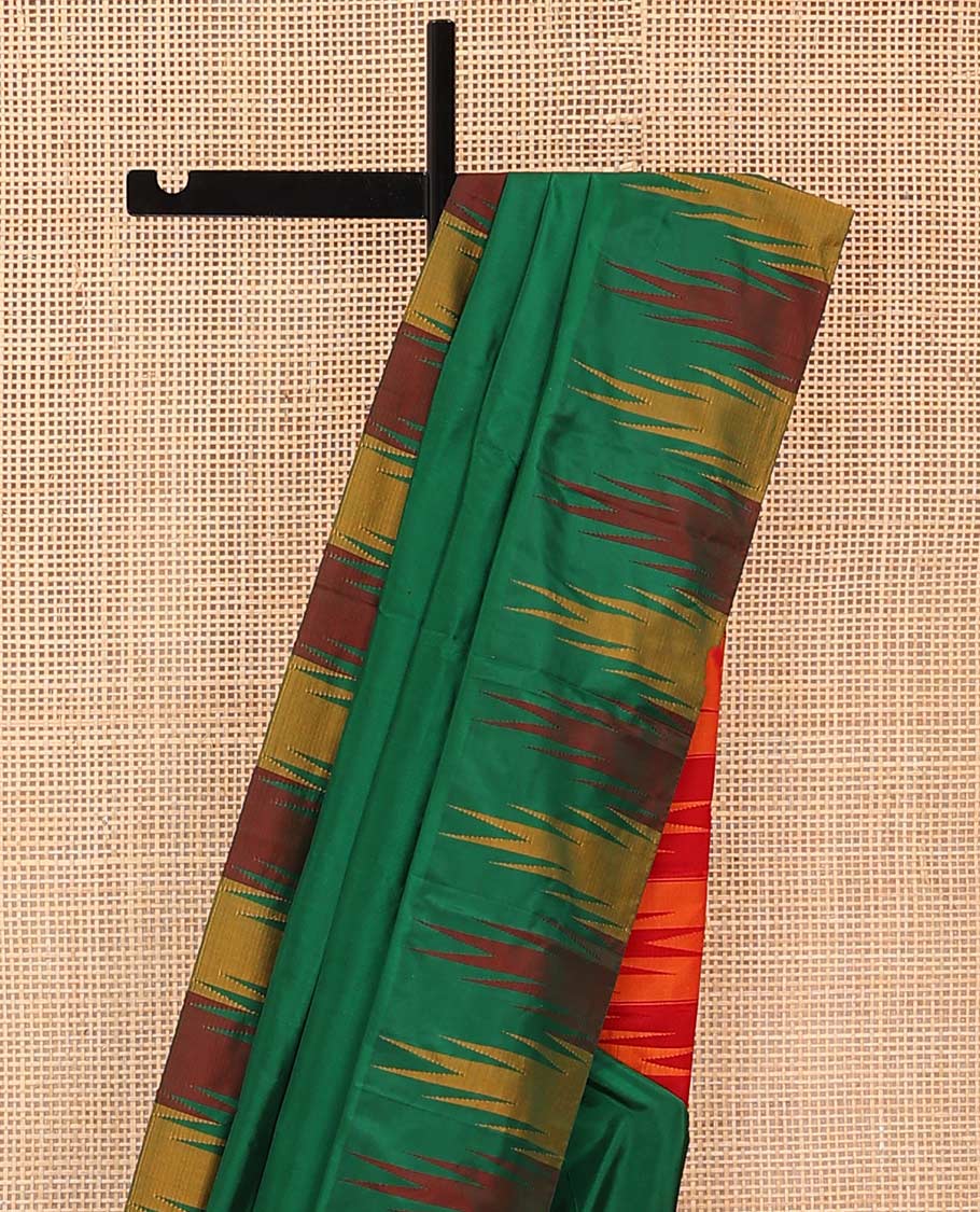 Green plain Bangalore silk saree, contrast temple border, and pallu of temple designs